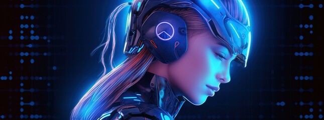 Wall Mural - Illustration of a cyborg woman and Ai technology background , AI Generated