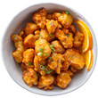 chinese orange chicken in bowl on transparent background shot from overhead view 