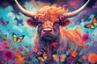 Highland cow with flowers and butterflies watercolor illustration. Beautiful illustration for printing. Generative AI