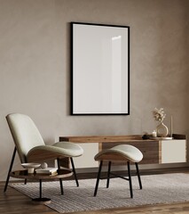 Wall Mural - big poster picture blank frame in modern home interior, reading nook, beige tones, modern design arm