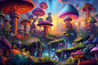 Psychedelic illustration with giant fantasy mushrooms and city on the background. Another world