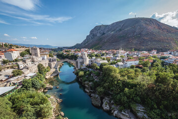  Aerial view on Mostar city with Old Bridge and Hum Hill, Bosnia and Herzegovina