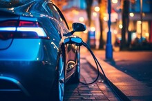 EV Car Or Electric Vehicle At Charging Station With The Power Cable Supply Plugged In On Blurred Nature With Blue Enegy Power Effect. Eco-friendly Sustainable Energy Concept. Generative AI