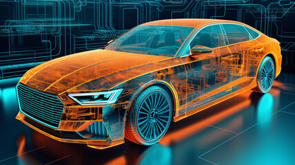 Wall Mural - Automotive Engineer Uses Digital Tablet with Augmented Reality for Car Design Analysis and Improvement. 3D Graphics Visualization Shows Fully Developed Vehicle Prototype Analysed Generative AI