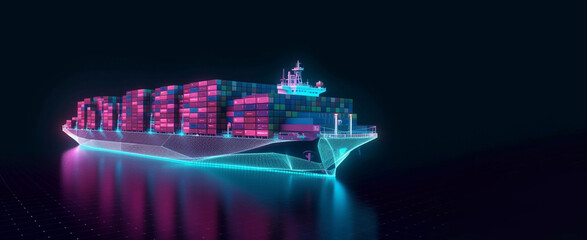 Abstract low poly 3d cargo ship isolated in dark blue background. Container ships, transportation, logistics or international shipping concept. Digital mesh illustration looks like Generative AI