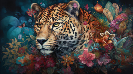 Wall Mural - a leopard surrounded by flowers generative ai