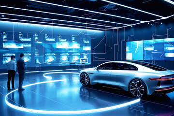 Wall Mural - Electronic vehicle charging station control stop refuel point, hand pressing starting charge energy button, electric power EV car futuristic eco environmental friendly energy, blue Generative AI