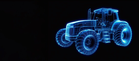 Wireframe of a large tractor made of blue lines with glowing lights isolated on a dark background. Perspective view. Generative AI