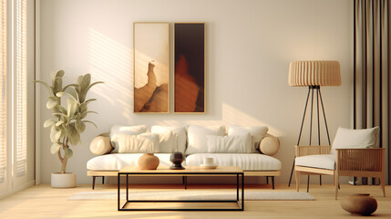 Wall Mural - Stylish Living Room Interior with Mockup Frame Poster, Modern interior design, 3D render, 3D illustration