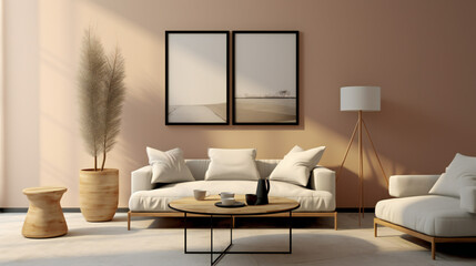 Canvas Print - Stylish Living Room Interior with Mockup Frame Poster, Modern interior design, 3D render, 3D illustration