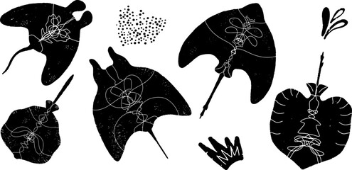 Stingrays, black silhouettes of marine animals. Grunge monochrome texture in linocut style. Vector set of elements.