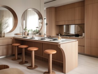 Contemporary wooden dining room and kitchen. Generative AI