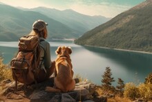Portrait Of Woman And Her Dog Enjoying Hiking. AI Generative