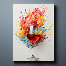 Colorful Paint And Sip Watercolor Canvas With Red Wine Glass 