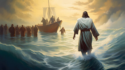 christ walking on water, jesus walk on water sea of galilee toward fishing boat and disciples,