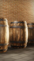 Wall Mural - a visual tour through a series of wooden barrels placed near a wall. industry and craft production. 