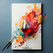 Colorful paint and sip watercolor canvas with red wine glass 