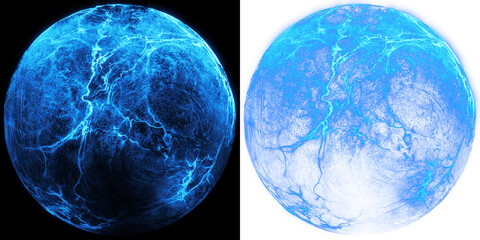 Poster - glowing blue orb, liquid energy. translucent orb-shaped particle effect immersed in a liquid flow. i