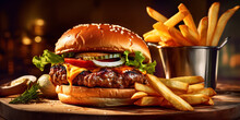Satisfy Your Cravings With This Mouthwatering Image Of A Juicy Burger And Crispy Fries. Generative Ai.