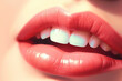 Close up view of beautiful woman lips with pink glossy lipstick. Open mouth with white teeth. Cosmetology or fashion makeup concept. Beauty studio shot. Generative ai