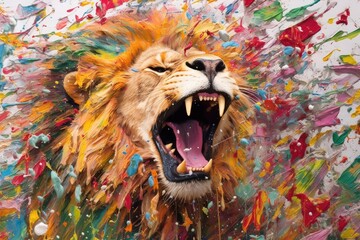 Wall Mural - lion  form and spirit through an abstract lens. dynamic and expressive lion print by using bold brushstrokes, splatters, and drips of paint. lion raw power and untamed energy