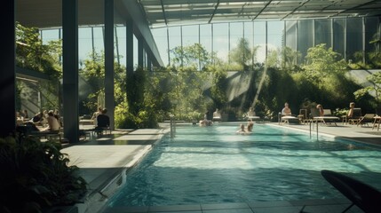 indoor pool in hotel surrounded by greenery