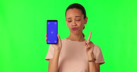 Aufkleber - Green screen phone, woman face and shake finger for bad decision choice, problem or social media communication. Chroma key portrait, cellphone tracking markers and person warning on studio background