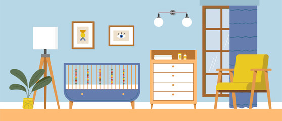 blue bedroom interior for a boy. modern interior design of the children's room. flat vector illustra