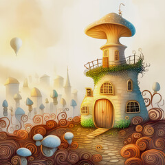 Vibrant illustration of mushroom house in a mystical forest, with lots of details, created by AI generator