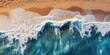 overhead drone photo of sandy beach with blue ocean and crashing waves, create with Generative AI