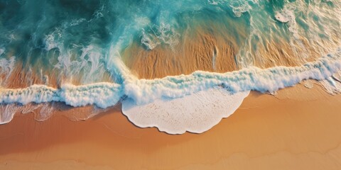 overhead drone photo of sandy beach with blue ocean and crashing waves, create with Generative AI