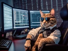 Cool Cat Using Computer For Stock Trading And Wearing Sunglasses Portrait, Created With Generative AI