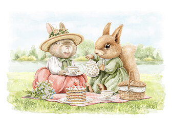 Watercolor vintage composition with squirrel and rabbit animals in vintage dresses on picnic with food in summer green landscape isolated on white background. Hand drawn illustration sketch