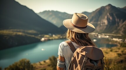 woman with a hat and backpack looking at the mountains and lake from the top of a mountain in the sun light, with a view of the mountains