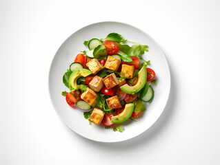 Top view of a vegan tofu salad with vegetables on white plate. Ai generated