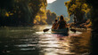 © Катерина Євтехова - Adventurous family kayaking on a serene river surrounded by nature on their vacation, family vacation, summer, banner, natural light, affinity, bright background Generative AI