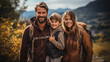 Adventurous family exploring a scenic hiking trail and enjoying the breathtaking views on their vacation, family vacation, summer, banner, natural light, affinity, bright backgroun Generative AI