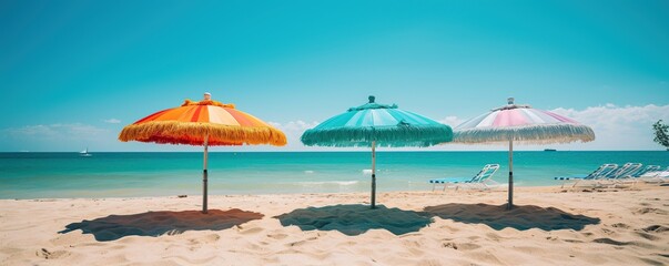  beach chairs and umbrellas on a tropical white sand beach