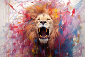 Wall Mural - lion  form and spirit through an abstract lens. dynamic and expressive lion print by using bold brushstrokes, splatters, and drips of paint. lion raw power and untamed energy