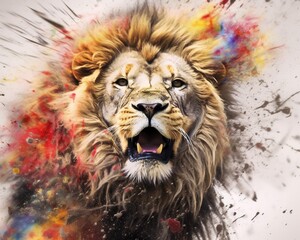  lion  form and spirit through an abstract lens. dynamic and expressive lion print by using bold brushstrokes, splatters, and drips of paint. lion raw power and untamed energy