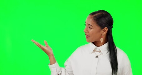 Sticker - Advertising, woman with hand gesture for choice and in a green screen with a smile. Marketing or presentation, mockup space or good news and female person pose for list announcement in chroma key