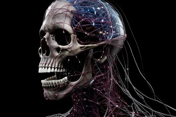 Poster - human skull with intricate wiring over its face