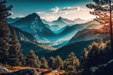 Poster - mountain range landscape with trees in the background. Generative AI