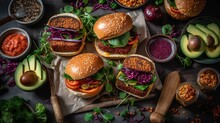 vegan food and vegan burgers top view. Generative AI