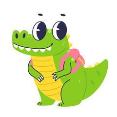  Cute character crocodile schoolboy. Cartoon flat baby crocodile with backpack. Elementary school illustration.