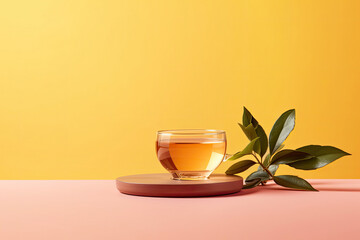 Trajan medicinal tea in a glass cup on a yellow background in a minimalist style, copy space