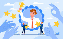 Best Employee With Golden Trophy Cup, Recognition Award For Winner Banner Vector Illustration. Cartoon Corporate Workers Congratulate, Celebrate Honor Prize With Man Inside Frame, Staff Hands Clap