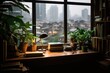 © Adriana - View from a plant-cluttered desk out a window into a rainy city