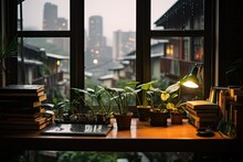 View From A Plant-cluttered Desk Out A Window Into A Rainy City