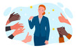 Cartoon people clap and cheer happy businesswoman, office workers appreciate achievement of hero manager. Hands applaud and congratulate confident female employee with good job vector illustration